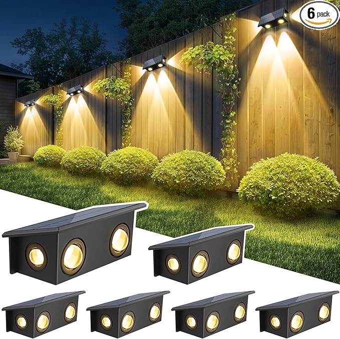 T-SUN Solar Fence Lights, 6 Pack Fence Lights Solar Powered 3000K Warm White, IP65 Waterproof Solar Wall Light Outdoor for Yard Step Patio Railing Pool Porch