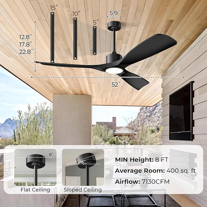Modern Smart Ceiling Fan with Light and Remote Control, 52 inch Black 3 Blade for Bedroom, Living Room and Patios