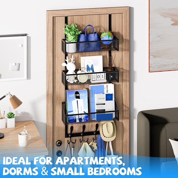 Over The Door Hooks Organizer, Coat Rack Over The Door Storage Hanger Towel Rack, Back of Door Storage Organizer for Bathroom,Bedroom,Kitchen,Office (Black, 4-Tier)