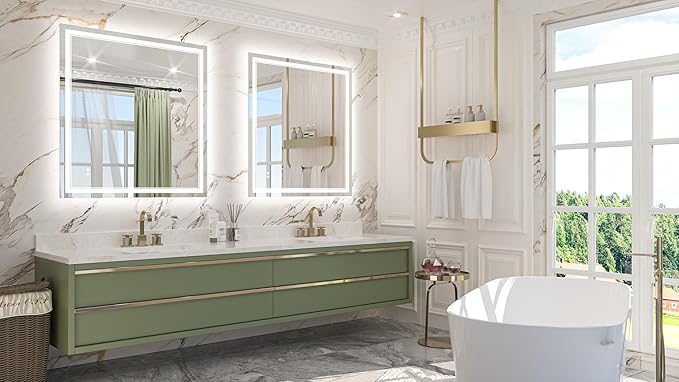 Keonjinn 40" x 36" LED Mirror for Bathroom, Frontlit & Backlit Bathroom Mirror with Lights, HD Tempered Glass, Fast Defogging, 3 Color Lights, Dimmable, Memory Function, Vertically/Horizontally