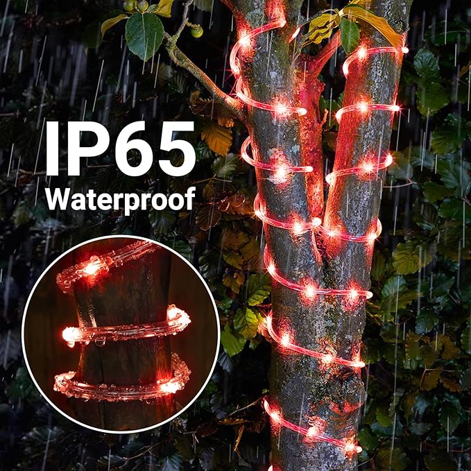 Solar Rope Lights, 66ft 200LED Solar String Lights, 8 Modes Waterproof Solar Powered Outdoor Light, Flexible Clear Tube Light for Garden Backyard Patio Deck Porch Pool Tree Christmas Decoration - Red