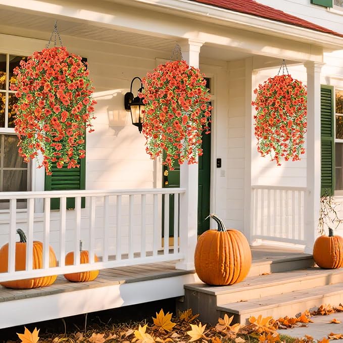 6 Bundles Artificial Fall Flowers for Outdoors Fake Plants Garden Home Fall Decor,UV Resistant Realistic Silk Faux Autumn Flower Indoor Outside Front Porch Patio Balcony Yard Farmhouse(Orange)