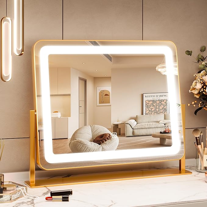 IDEALHOUSE Vanity Mirror with Lights, 20"x17" Lighted Makeup Mirror, LED Desk Mirorr with 360° Rotation, Dimmable 3 Modes, Smart Touch Control for Bedroom or Tabletop(Square,Gold)