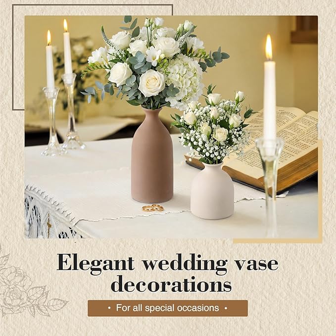 Dandat Beige Ceramic Vase Set of 4, Modern Decorative Ceramic Vases Rustic Pottery Centerpiece Table Decor for Farmhouse Bouquet Pampas Grass Dried Fresh Flowers, Living Room, Kitchen, Bedroom