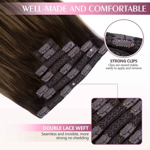 Fimislosion Real Hair Extensions Clip in Human Hair, Seamless Clip in Hair Extensions Real Human Hair, 16 Inch Clip ins extensions for women, Balayage Dark Brown to Middle Brown 120G 7Pcs