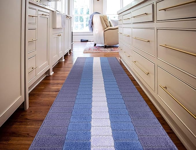 Custom Size Coastal Nautical Style Runner Rug Carpet for Hallway Entryway, Slip Resistant Latex Rubber Backed, 31 inch Wide X Customized Length, Squares Blue, 31 inch X 21 feet