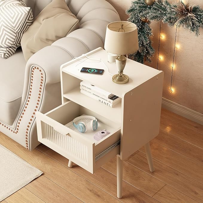Mid Century Modern Nightstand with Charging Station, Bedside Tables with Glass Drawer, End Table Side Table with 2 Tiers Storage Space, for Bedroom, Living Room, White