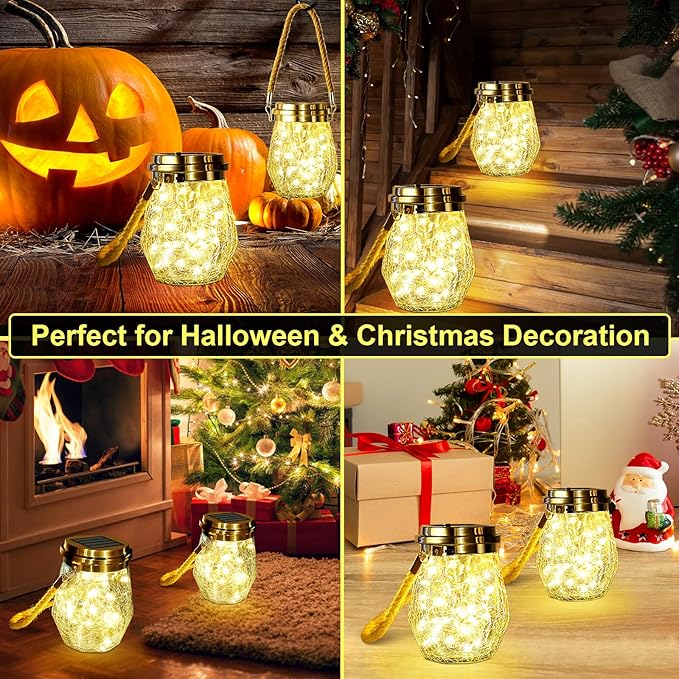 Solar Lantern Outdoor, 2 Pack Hanging Solar Lights Outdoor Waterproof, Upgraded 60 LED Lanterns Decorative Outdoor Garden Decor for Yard Pathway Patio Christmas Halloween, Warm White, ‎LD01