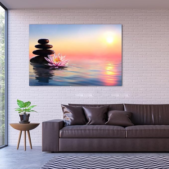 Zen Wall Art Decor, Modern Bathroom Zen Decor Wall Art, Large Canvas Wall Art for SPA Zen Room Decor, Pink Lotus Flower and Pebble Relaxing Zen Art Prints for Office & SPA Wall Decor 32x48 Inches