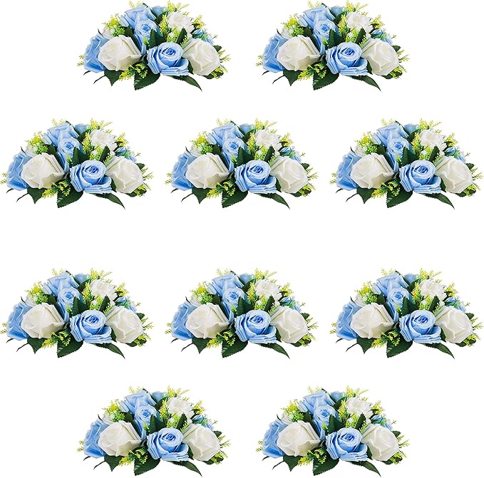 10Pcs Artificial Flower Ball Arrangement, Fake Floral Centerpieces Wedding Roses Bouquet for Parties Valentine's Day Wedding Centerpieces and Home Decor (Blue & White)
