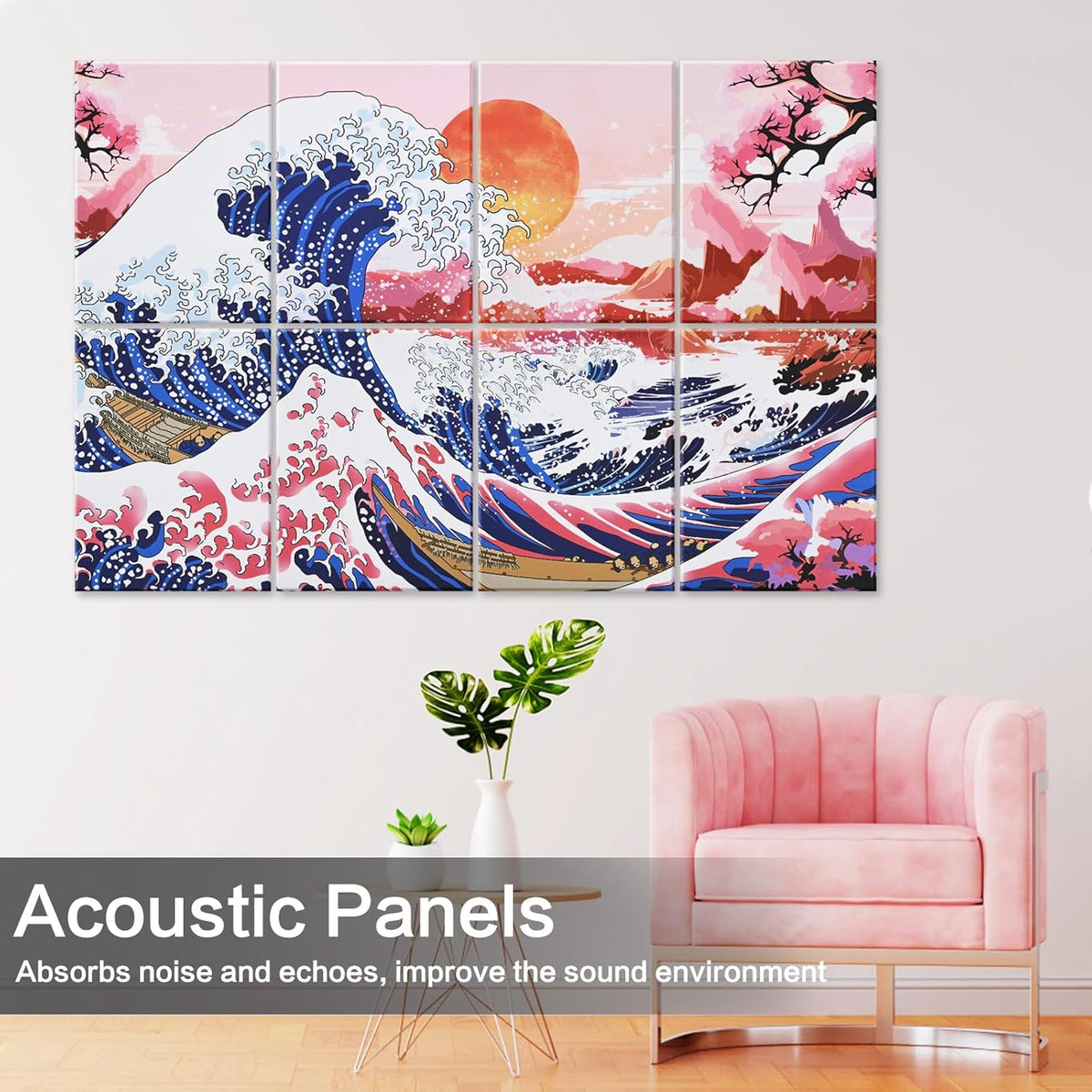 Art Acoustic Panels, 48"X32" Soundproof Wall Panels 8 Pack Self-adhesive Sound Absorbing Panels Decorative Acoustical Wall Padding for Recording Studio (Sea Wave)