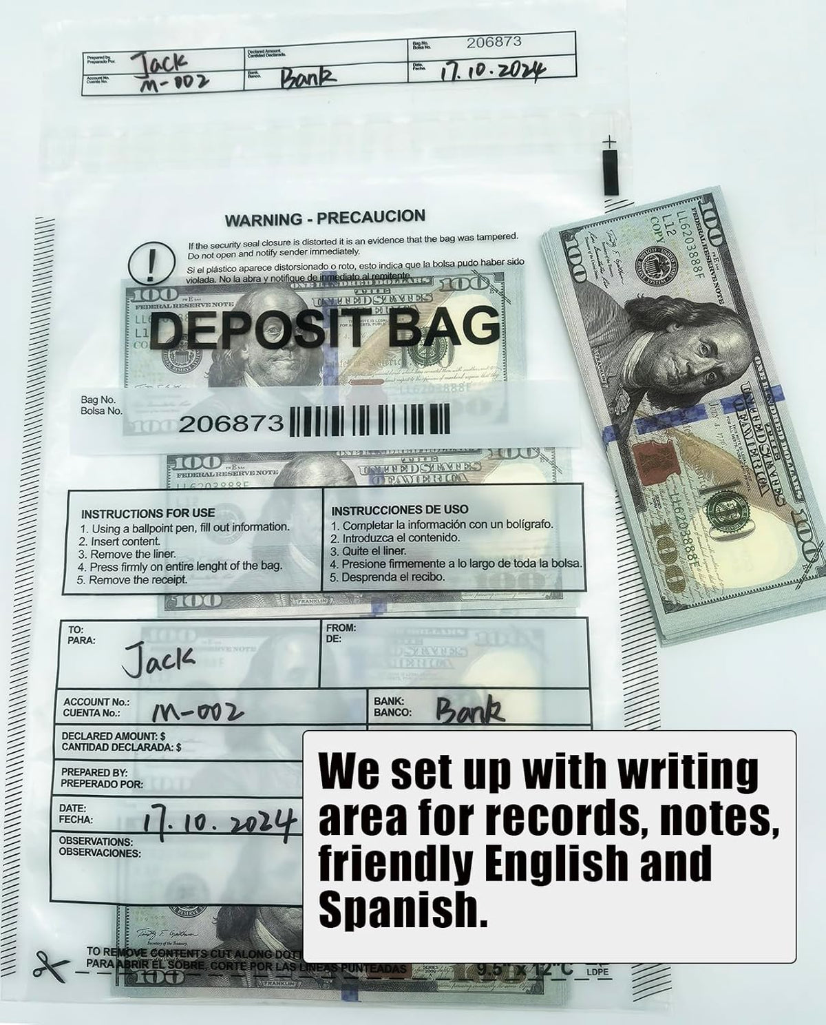 Plastic Deposit Bags 200-Pack Clear 9.5''x 15'', Security Bank Deposits Bags,Cash register bags,Money bag for Cash,Bank Pocket,Tamper-Evident Bag,Unique Barcode