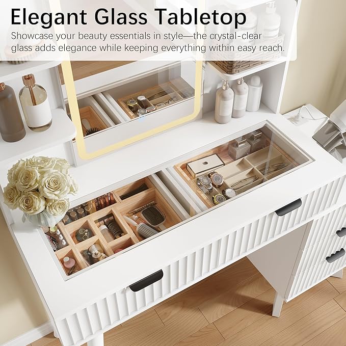 42'' Fluted Makeup Vanity Desk with LED Lights Mirror & Charging Station, Modern Glass Top Vanity Table with 5 Drawers & Open Shelves, Dressing Table for Bedroom, Living Room, White