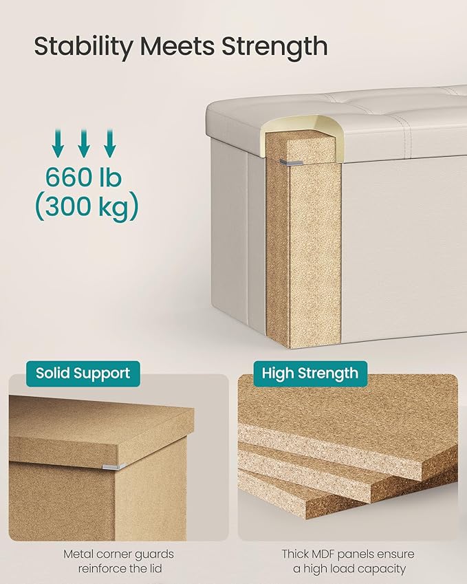 SONGMICS Mazie Collection - 43 Inches Folding Storage Ottoman Bench, Ottoman with Storage, Foot Rest Stool, Load 660 lb, for Living Room, Synthetic Leather, Cream White ULSF70M