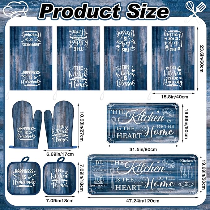 Fourluoo 10 Pcs Farmhouse Kitchen Decor and Accessories Set 4 Kitchen Towels 2 Pot Holders 2 Oven Mitts 2 Rugs for Cooking Baking Mom Housewarming Gifts(Blue,Classic Style)