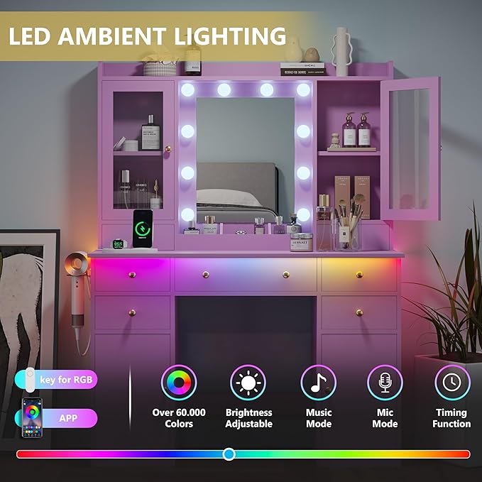 Makeup Vanity Desk with Mirror and Lights, Purple Vanity Table Set with Storage Drawers, Charging Station & Cabinets, Large Dressing Table with RGB Ambient Light for Women Girls Bedroom Bathroom