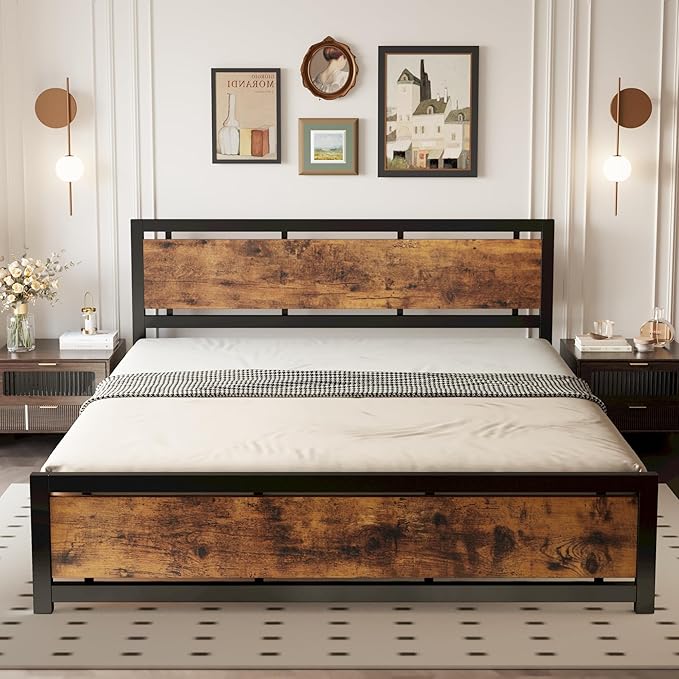 LIKIMIO King Bed Frame with Headboard and Footboard, Metal Strong Supports, Easy Assembly, Noise-Free, No Box Spring Needed, Vintage Brown