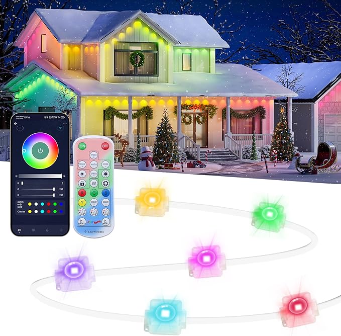 Permanent Outdoor Lights 100FT RGB+IC Smart String Lights for House, App & Remote Control, Waterproof IP67 LED Eaves Lights, Music Sync, 212 Scene Modes, Outdoor Christmas Patio Roof Decor