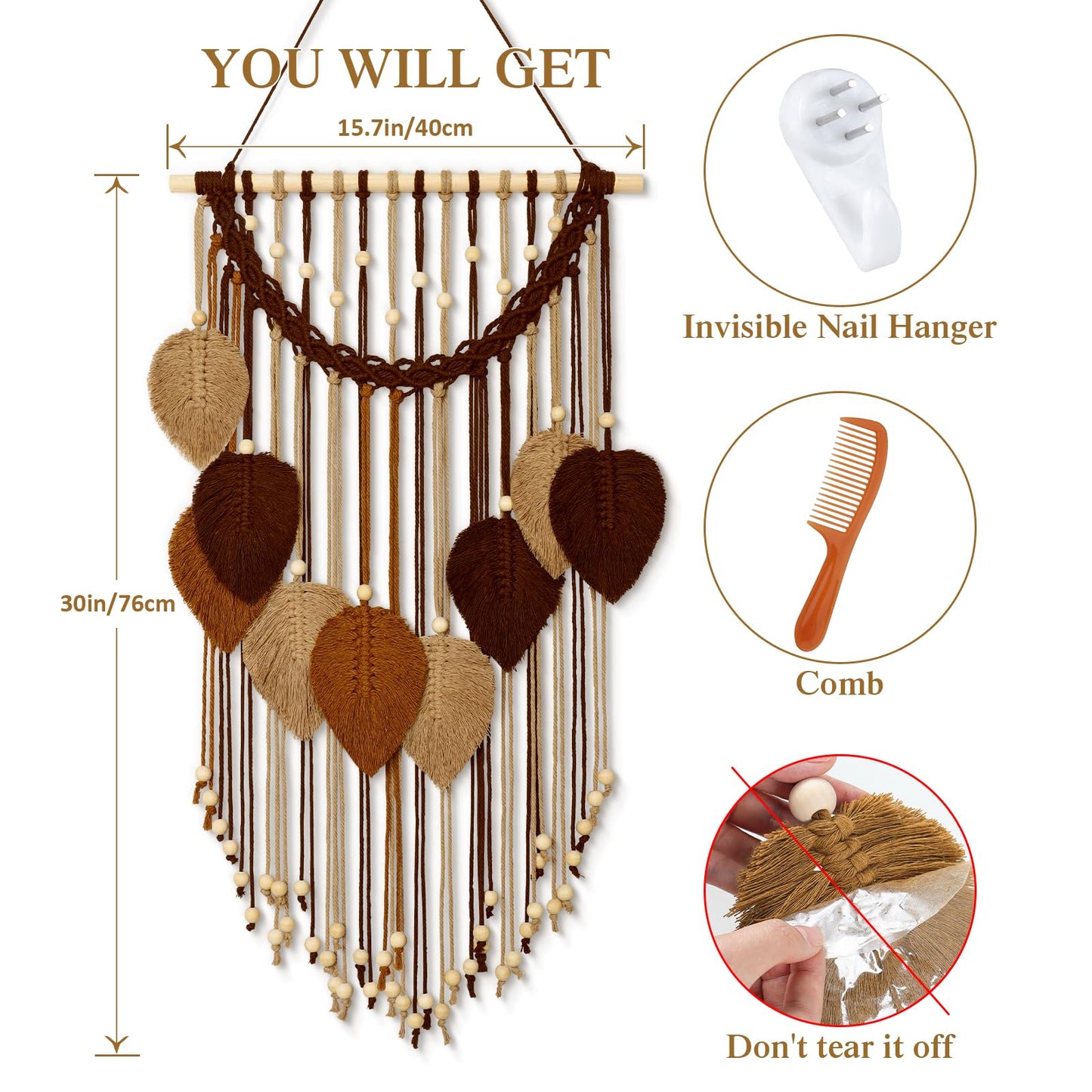 Weldomcor Macrame Wall Hanging Boho Leaf Woven Tapestry, Bohemian Chic Home Decor Modern Handmade Leaves Feather Wall Art Decorations for Bedroom Living Room Apartment Ornament 16.5" W X 31.5"" L"