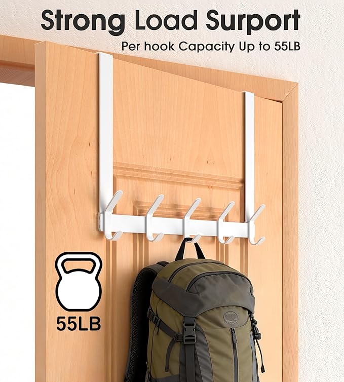 Long Over The Door Hooks Hanger with 15.75" Arms for Easier Access by Shorter, J16U, Perfectly Fits US Standard 1 3/8-inch Doors, Towel Rack Bathroom Organizer Holder, Rustproof, White