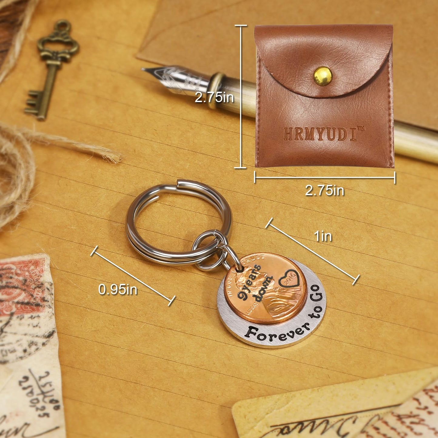 HRMYUDI 9 Years Anniversary Pottery Wedding Gift for Man Woman, Coin Keychain with a 2016 Penny, 9 Years Down and Forever To Go, Ninth Wood Wedding Anniversary Presents for Him Her