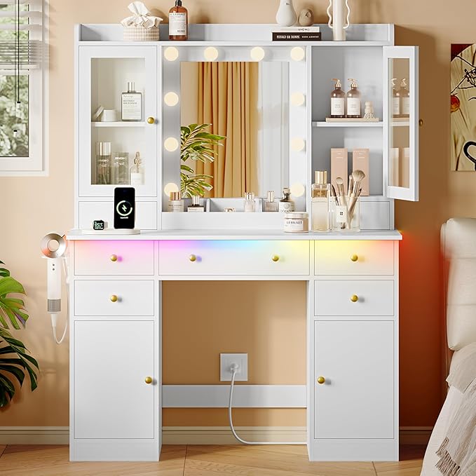 Makeup Vanity Desk with Mirror and Lights, White Vanity Table Set with Storage Drawers, Charging Station & Cabinets, Large Dressing Table with RGB Ambient Light for Women Girls Bedroom Bathroom