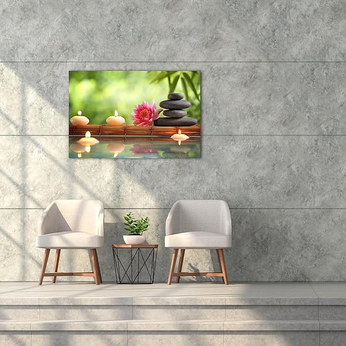 Zen Wall Art Decor, Modern Bathroom Zen Decor Wall Art, Canvas Wall Art for Spa Zen Room Decor, Green Bamboo Forest and Black Pebble Relaxing Art Prints for Office Meditation Decor 18x24 Inches