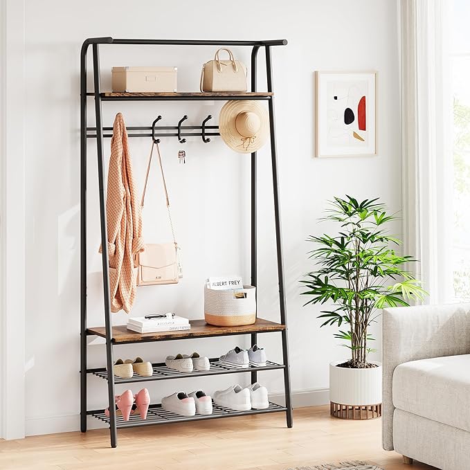 Coat Rack, Floorstanding Hall Tree with Shoe Rack, Wooden and Metal Coat Stand, Industrial Clothes Rack, for Hallway, Living Room, Bedroom, 31.5''x12.8''x71.2'', Rustic Brown