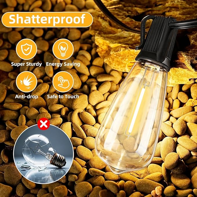 ST40 LED Outdoor String Lights 100FT with 50+2 Bulbs, E17 Socket, 0.6W, 2700K Warm White–Connectable for Garden, Backyard, Bistro, Patio, Porch, Deck, Gazebo, Party Decor