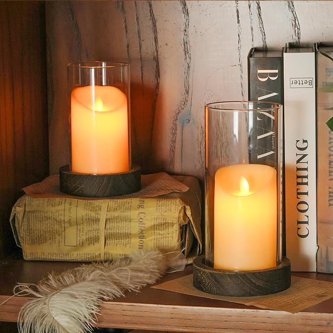 Set of 2 Hurricane Candle Holders with Wood Base & Glass Cylinder (4.2x5.9” & 4.6x7.8”) – Rustic Wooden Candle Holders for Home Decor, Weddings, Table Centerpieces
