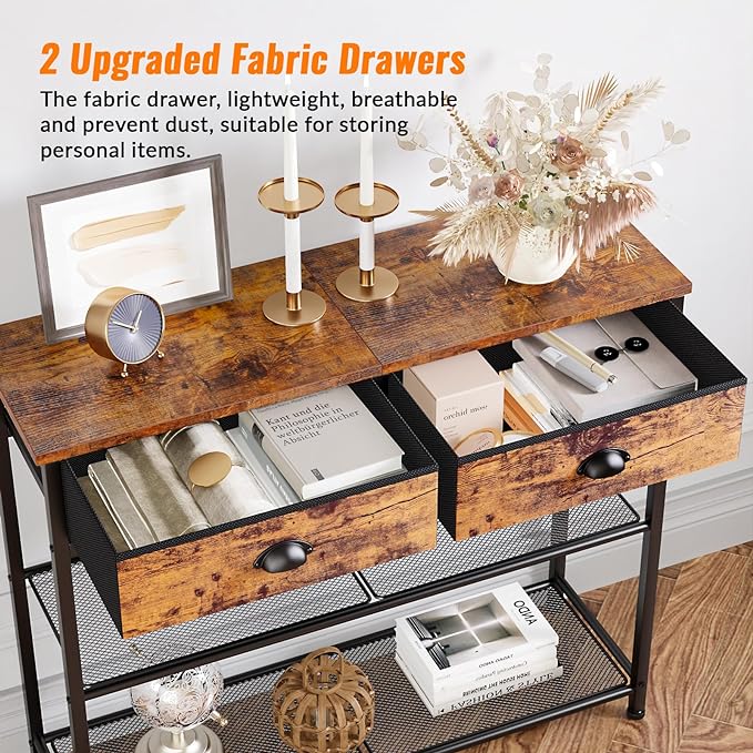 Furologee Console Sofa Table with Storage Shelf for Entry Way, Small 30'' Entryway Table with 2 Fabric Drawers, Industrial Display Shelves for Hallway, Entrance, Foyer, Rustic Brown