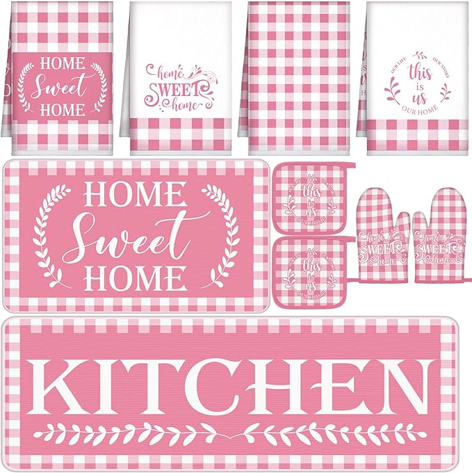 Fourluoo 10 Pcs Kitchen Set Kitchen Towels and Rugs Oven Mitts and Pot Holders Farmhouse Decor for Women Mom Gift Cooking Baking Grilling(Pink White)