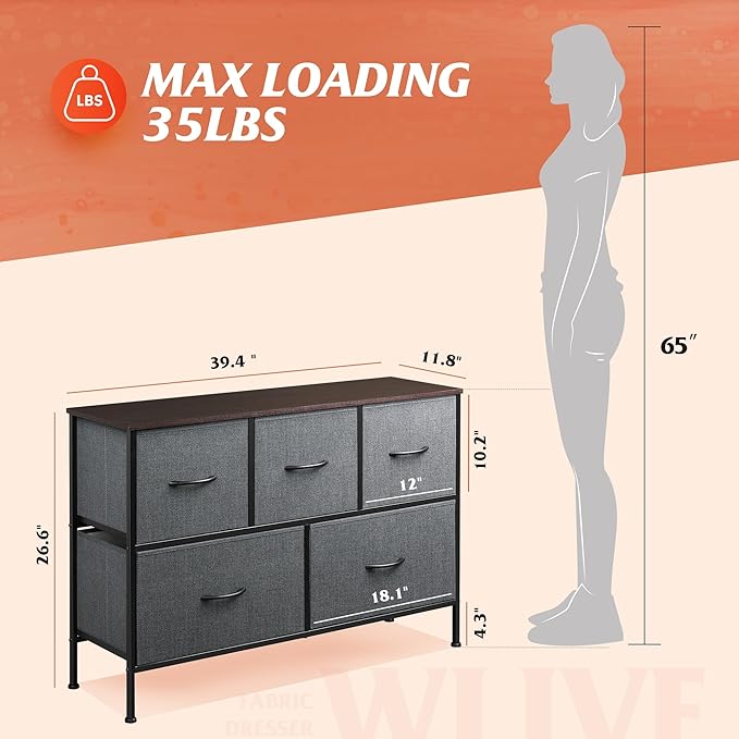 WLIVE Dresser for Bedroom with 5 Drawers, Long Storage Tower Organizer Unit, Fabric Dresser, Storage Drawer Unit with Fabric Bins for Closet, Hallway, Dark Grey, Size L