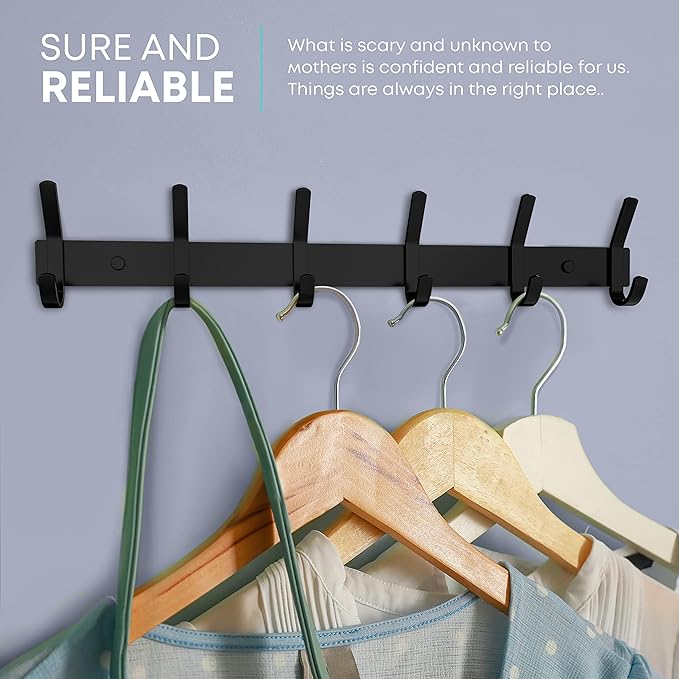 Matte Black Coat Rack Wall Mount – 17 Inch Stainless Steel Hook Rail with 6 Double Coat Hooks – Wall Mounted Entryway Organizer for Coats, Hats, Bags, Towels, Robes, Closet or Bathroom - 4 Pack