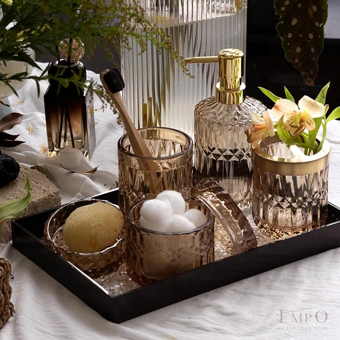 EMPO 6PCS Bathroom Clear Glass Accessories Set (Lotion Soap Dispenser, Soap Dish, Toothbrush Holder, Tumbler, Cotton Swab Jar), Contemporary Modern Decor Crystal Vintage Gift (6pcs Brown)