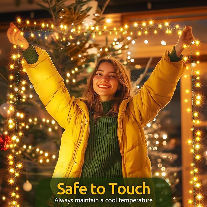 Battery Operated Cluster Lights, 10FT 100 Micro LEDs, Outdoor Twinkle Firecracker Fairy Lights, Warm White, Green Wire String Lights, Waterproof, Christmas Tree, Wreath, DIY Wedding, Christmas Decor