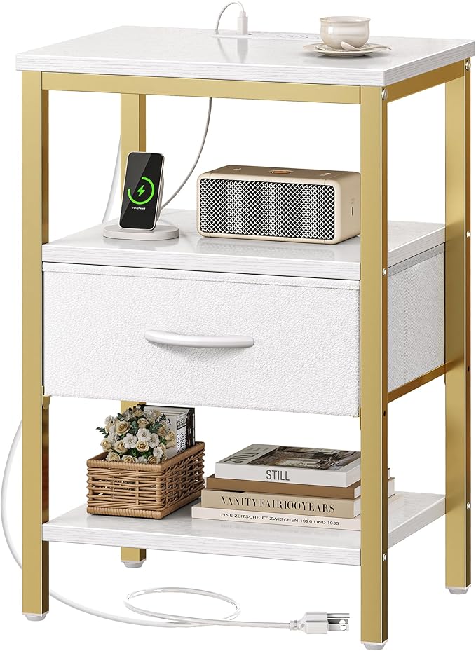 SUPERJARE Nightstand with Charging Station, Bed Side Table with Adjustable Fabric Drawer, Night Stand for Bedroom, 3-Tier Storage End Table, for Living Room, White and Gold