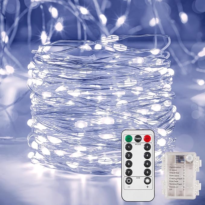 2 Pack 65.6 Ft. Battery Operated Outdoor String Lights with Remote & Timer, LED Cool Whit Fairy Lights, Waterproof Twinkle Lights for Bedroom, Dorm, Mason Jar, Wedding, Party, Christmas