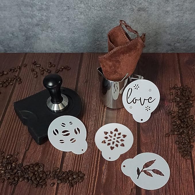 51 mm Coffee Tamper Set Coffee Press for Portafilter Machine Espresso Tamper with Tamper Mat, Frothing Pitcher (350ml/11.836oz), Barista Towel, Latte Art Pen and Decorative Stencils