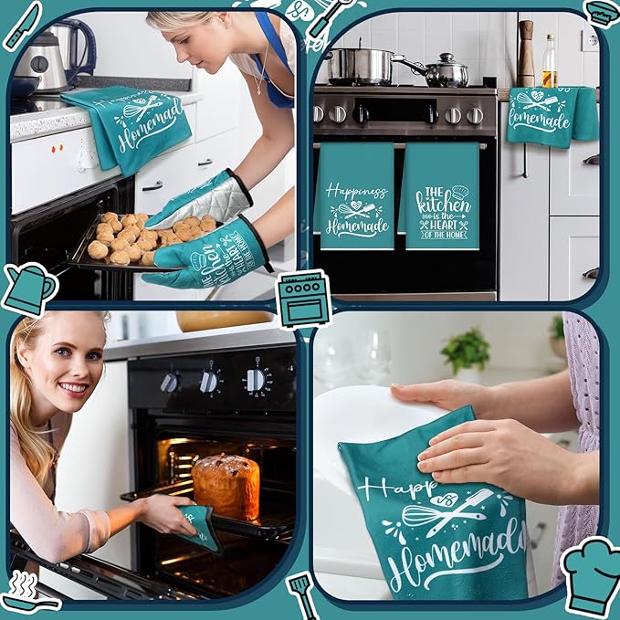 Sratte 6 Pcs Kitchen Decor Accessories Set Farmhouse Towels Pot Holders Oven Mitts Set 2 Dish Towels 2 Potholders 2 Cooking Mittens Oven Glove for Christmas Baking Cooking Supply(Teal,Kitchen)