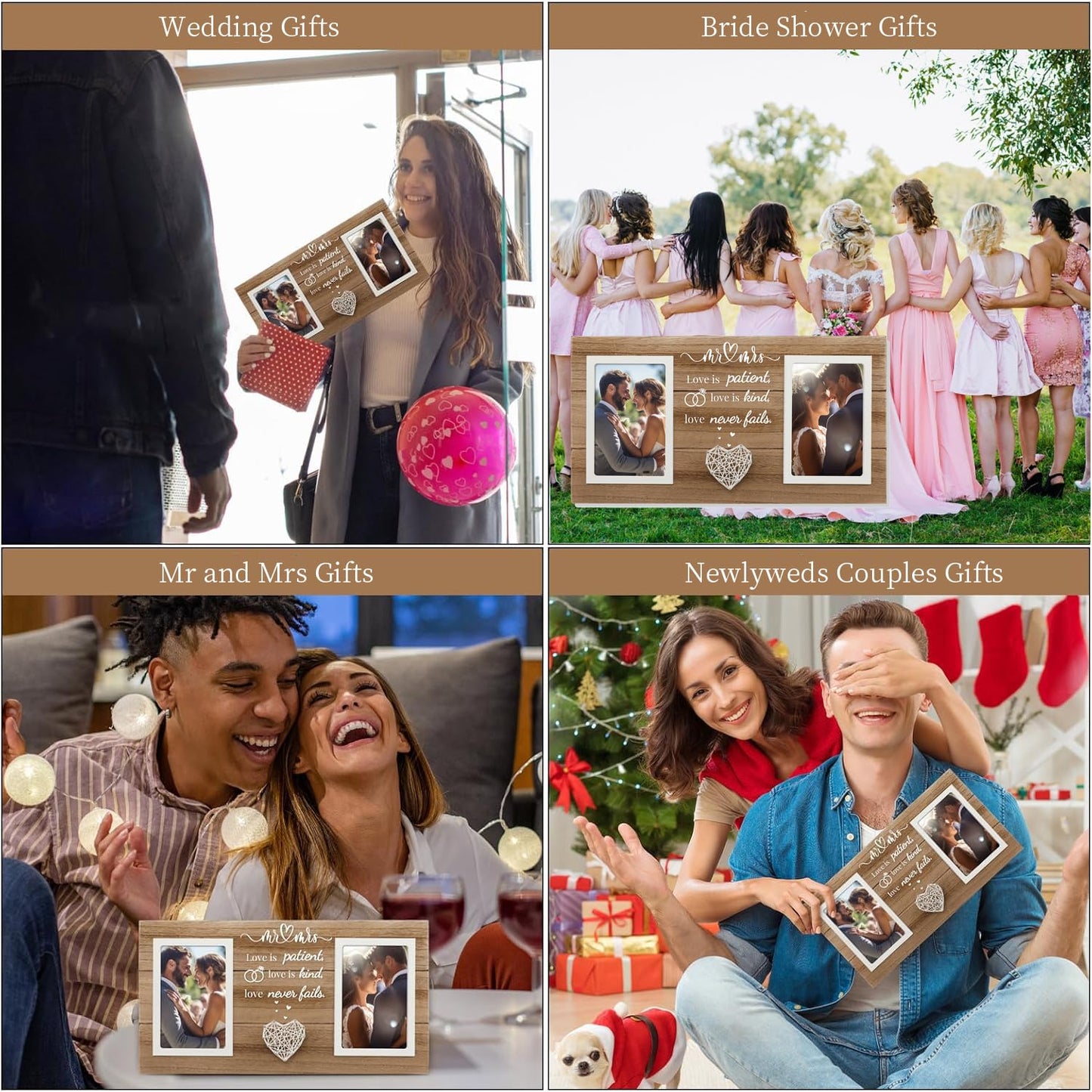 SOUHONEY Wedding Gifts, Bridal Shower Gifts for Bride to Be, Wedding Picture Frame for Couple - Double 4x6 Pictures Frame - Wooden Couples Newlyweds Picture Frame with Heart (Mr Mrs)
