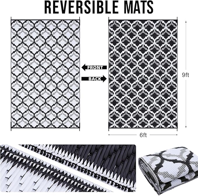 OLANLY Reversible Outdoor Rug 6x9 ft Clearance, Waterproof Outdoor Plastic Straw Rug with Interlacing Pattern, RV Mat for Patio, Camping, Balcony, Deck, Backyard, Black & White