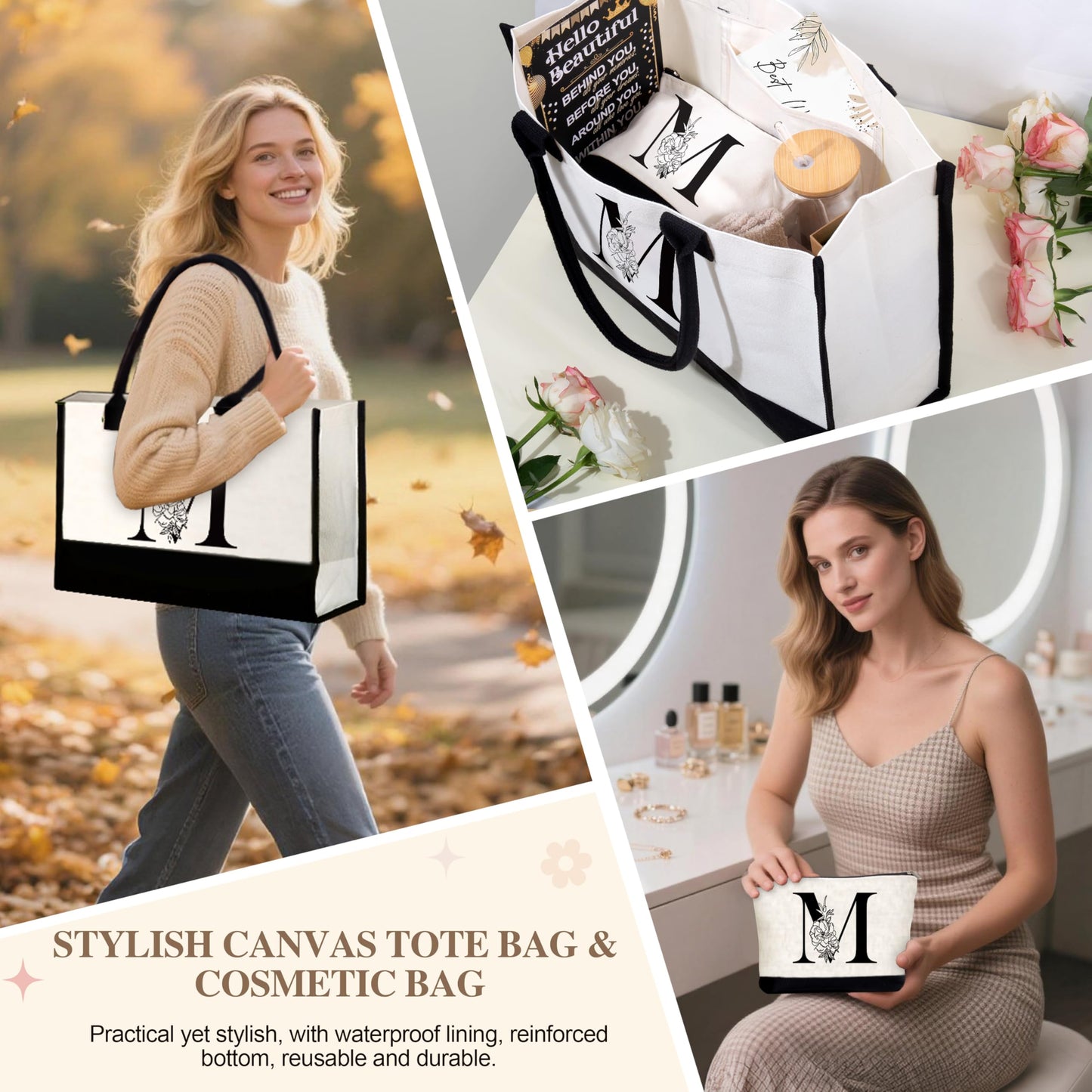 Lepiche Birthday Gifts for Women, Monogrammed Initial Gift for Teacher Wife Mom, Tote Bag,Glass Cup Gift Basket Personalized Christmas Mother's Teacher Appreciation Day,M
