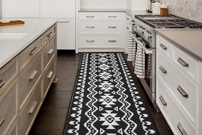 Custom Length Cut to Size Tribal Ethnic Southwestern Inspired Hallway Runner Rug, Non Slip Rubber Backed, 31 inch Wide X Customized Length, Aztec Black, 31 inch X 6 feet