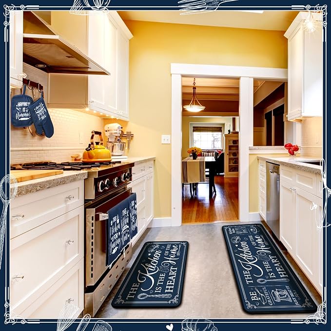 Fourluoo 10 Pcs Farmhouse Kitchen Decor and Accessories Set 4 Kitchen Towels 2 Pot Holders 2 Oven Mitts 2 Rugs for Cooking Baking Mom Housewarming Gifts(Dark Blue,Classic Style)
