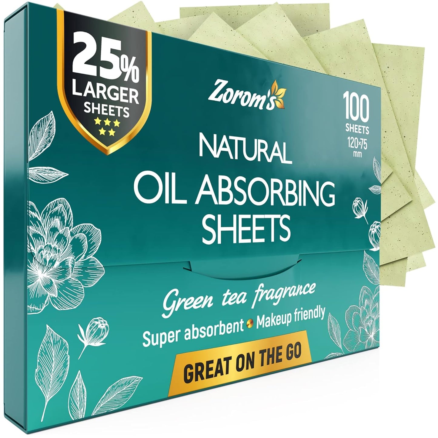 Natural Green Tea Oil Blotting Sheets for Face - 25% Larger Sheets (4.7x3â) - 100 Makeup Friendly Blotting Papers for Face - Easy Dispensing Oil Absorbing Sheets for Face