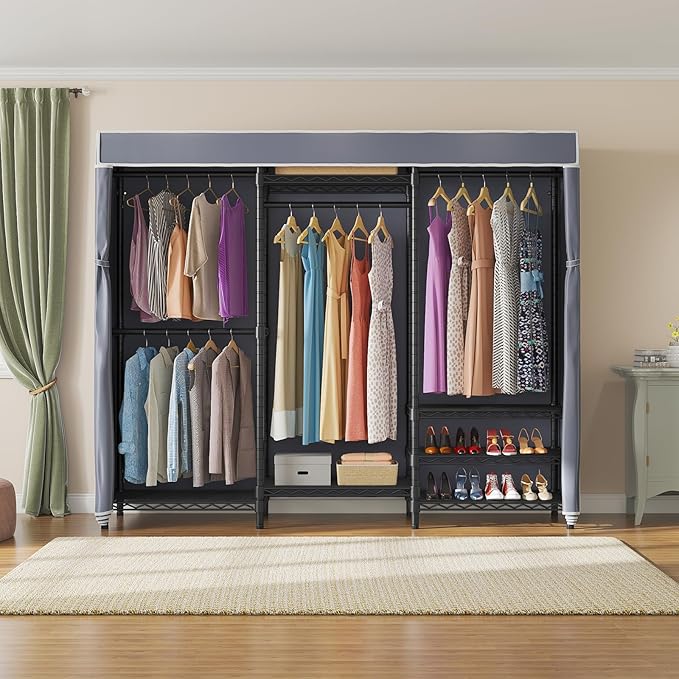 VIPEK V5C Portable Clothes Closet Wardrobe Bedroom Armoires Heavy Duty Covered Clothes Rack, Black Metal Clothing Rack with Grey Oxford Fabric Cover, Adjustable Custom Closet Rack 70.1"Lx17.3"Wx76.4"H