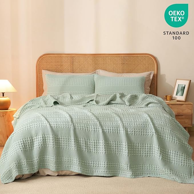 PHF 100% Cotton Waffle Weave Blanket King Size for Bed, Soft Lightweight & Breathable, All-Season Comfort, Luxury Aesthetic Woven Bedding for Home Decor, 108"x90", Mint Green