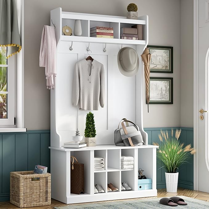 Retro 3-in-1 39.4INCH Hall Tree with 6 Hooks and Coat Hanger,Storage Bench and Open Shelves,for Livingroom Hallway Entryway Mudroom Use (White@Hooks/)