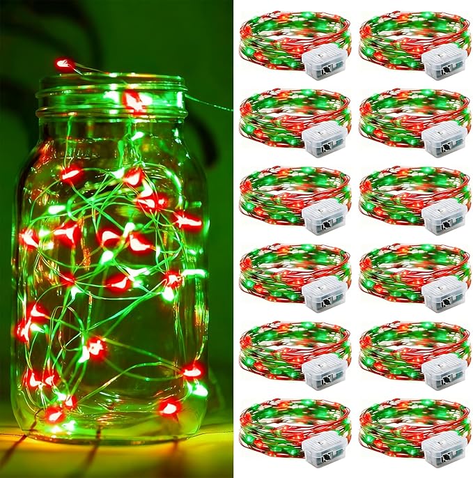 Aogist 12 Pack Fairy Lights 3 Modes 7ft 20 LED Waterproof,Battery Operated Silver Wire Firefly Starry Moon Mini String Lights for Mason Jars Christmas DIY Crafts Wedding Party Bedroom,Red&Green